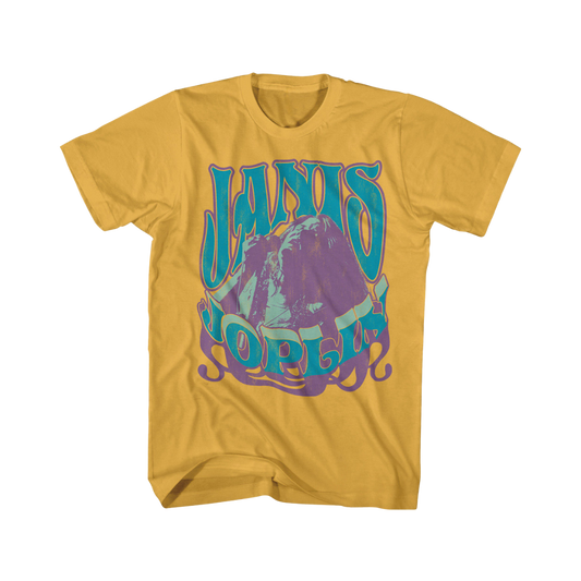 Yellow t-shirt with 'Janis Joplin' graphic design on a white background