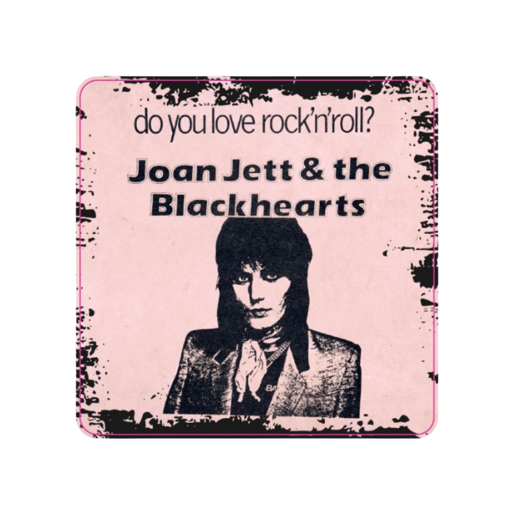 Joan Jett & the Blackhearts promotional sticker with text 'do you love rock'n'roll?' on a pink background