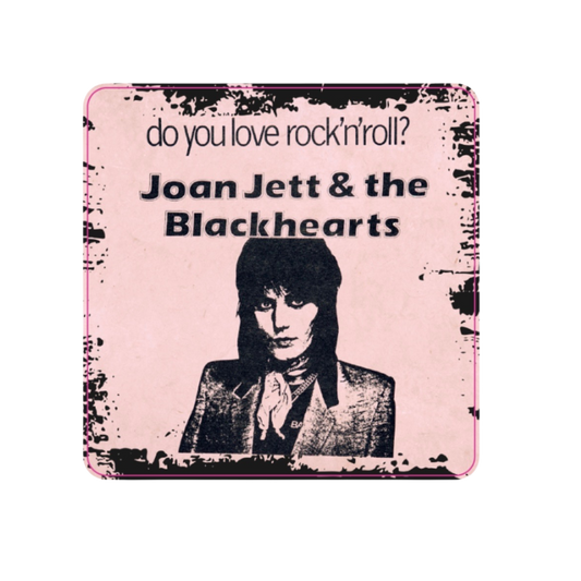 Joan Jett & the Blackhearts promotional sticker with text 'do you love rock'n'roll?' on a pink background