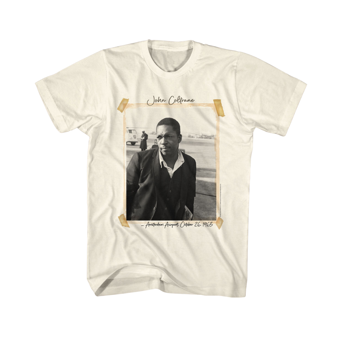 White t-shirt with a graphic of a man and text on a white background