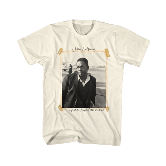 White t-shirt with a graphic of a man and text on a white background