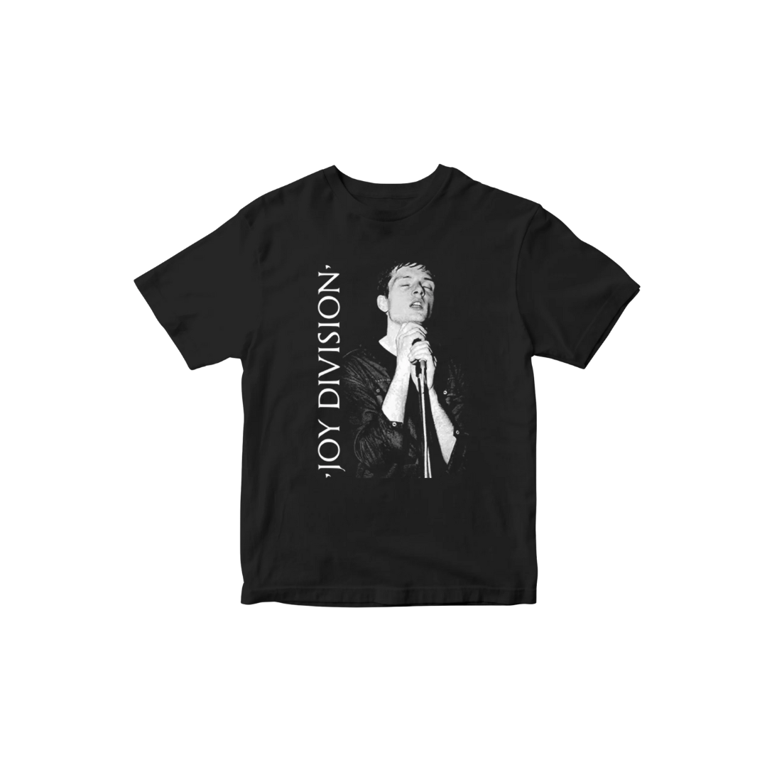 Black t-shirt with a graphic of a person holding a microphone and the text 'Joy Division' on a white background.