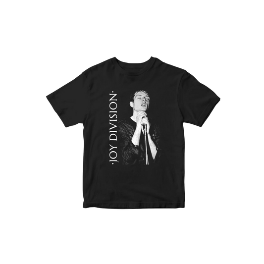 Black t-shirt with a graphic of a person holding a microphone and the text 'Joy Division' on a white background.