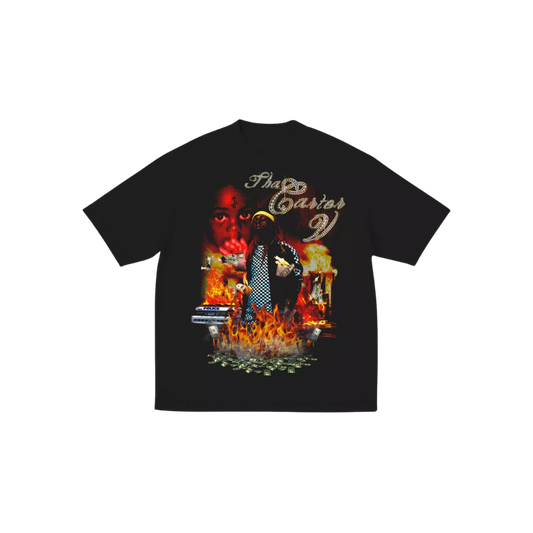 Black t-shirt with a graphic design on the back featuring flames and text.