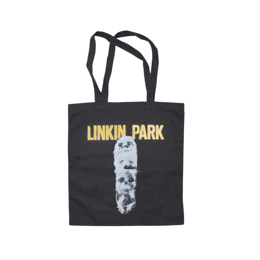 Black tote bag with Linkin Park logo and skull design on a white background