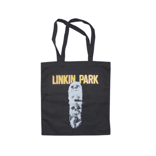 Black tote bag with Linkin Park logo and skull design on a white background