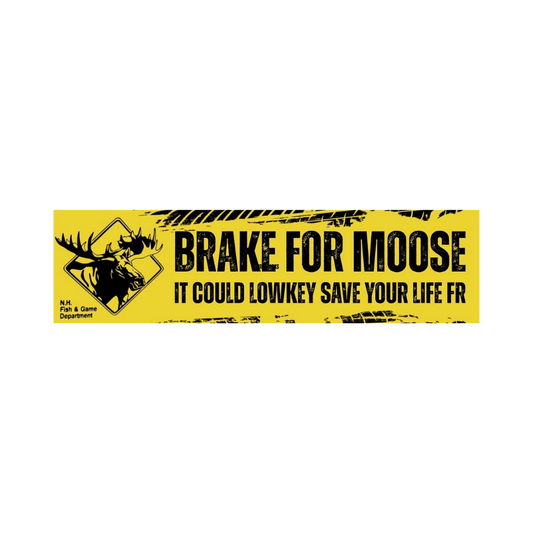 A yellow rectangular bumper sticker with black text reading 'BRAKE FOR MOOSE' and 'IT COULD LOWKEY SAVE YOUR LIFE FR', plus a black moose warning-sign graphic on the left.