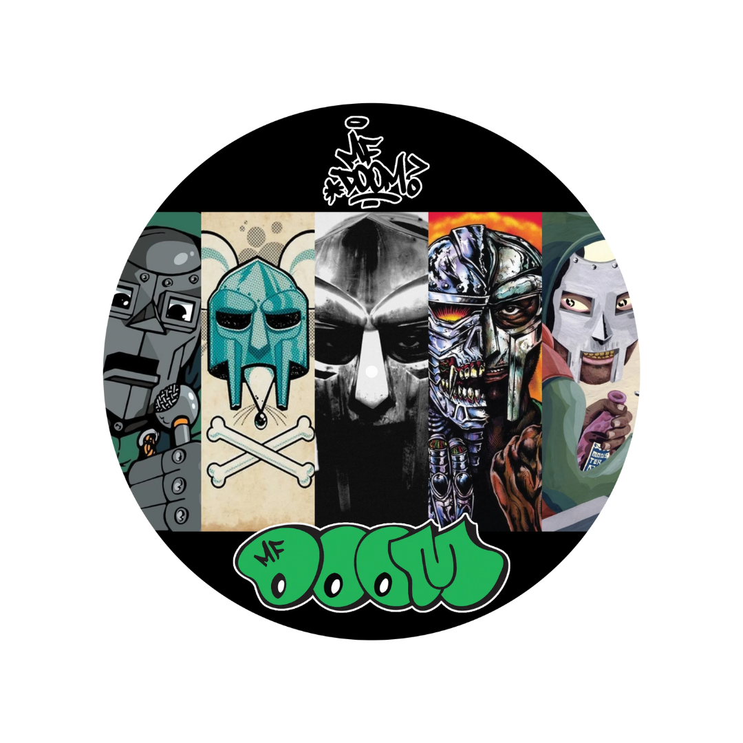 Circular product with graphic designs and text on a white background