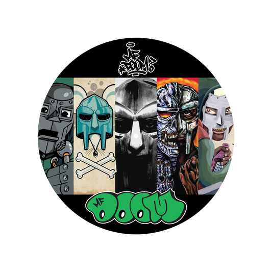 Circular product with graphic designs and text on a white background