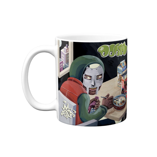 Mug with a graphic design of a character sitting at a table with a bowl and a can, on a white background.