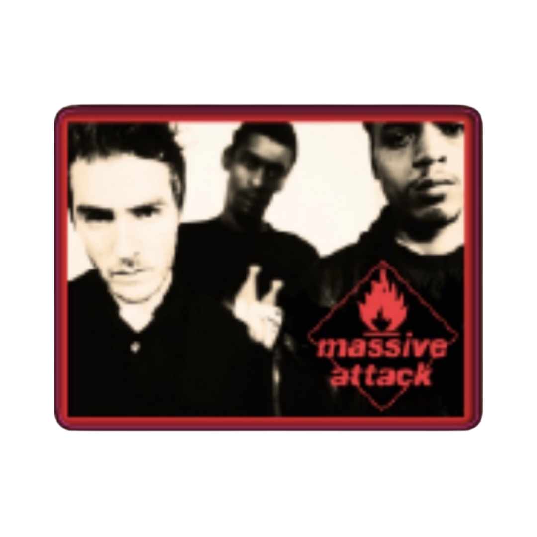Black, white and red sticker with three band members and 'massive attack' logo