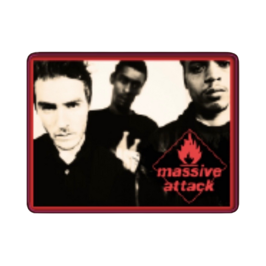 Black, white and red sticker with three band members and 'massive attack' logo