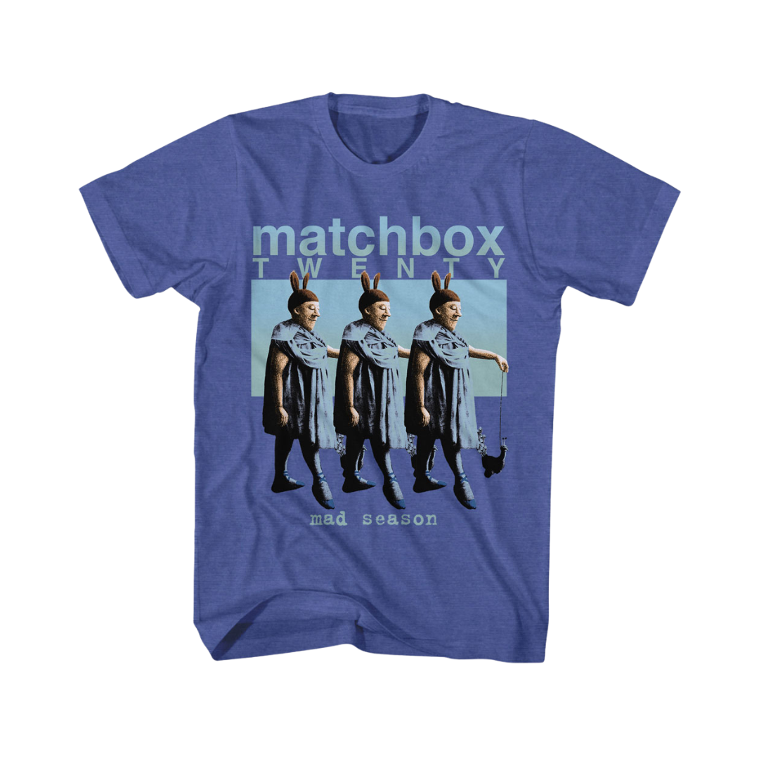 Blue t-shirt with Matchbox Twenty graphic design on a white background