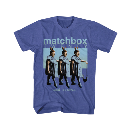 Blue t-shirt with Matchbox Twenty graphic design on a white background
