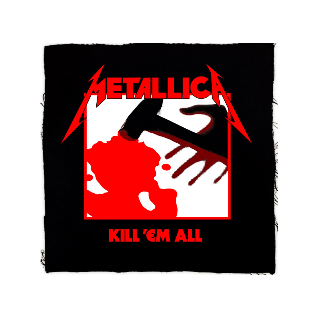 Album cover of Metallica's 'Kill 'Em All' with red and white design on a black background