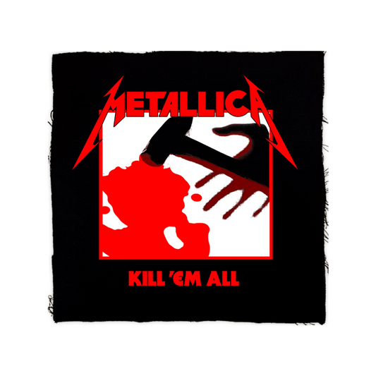 Album cover of Metallica's 'Kill 'Em All' with red and white design on a black background