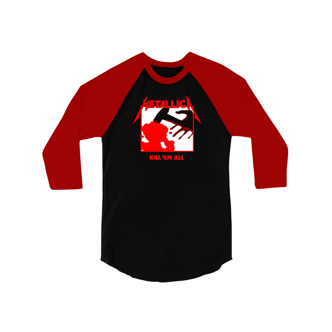 Black and red baseball shirt with graphic design on a white background