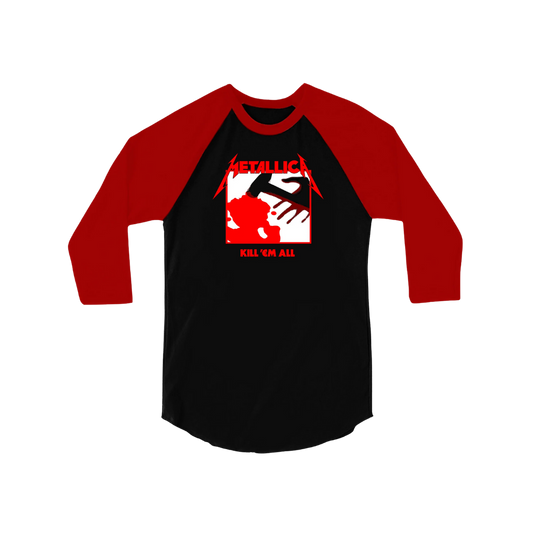 Black and red baseball shirt with graphic design on a white background