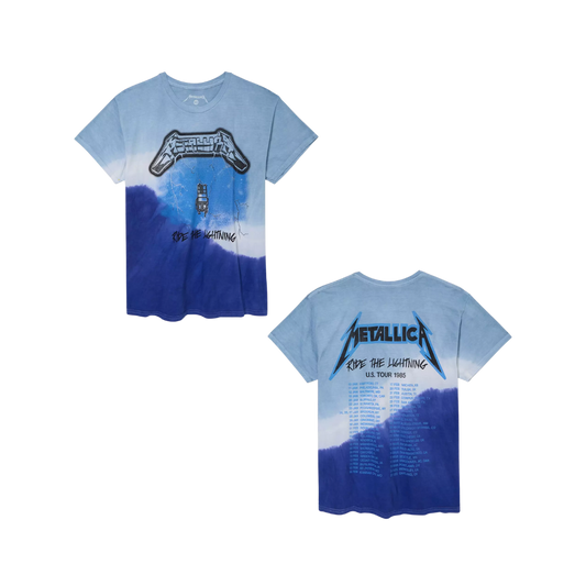 Blue and white gradient t-shirt with Metallica graphic design on a white background