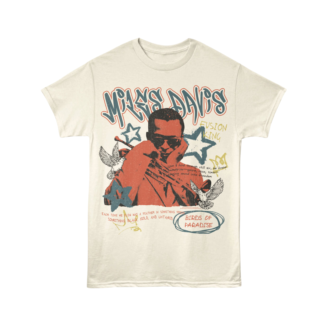 T-shirt with a graphic design featuring a person and text on a white background