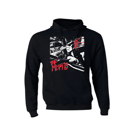 Black hoodie with graphic design and 'The Misfits' text on a white background