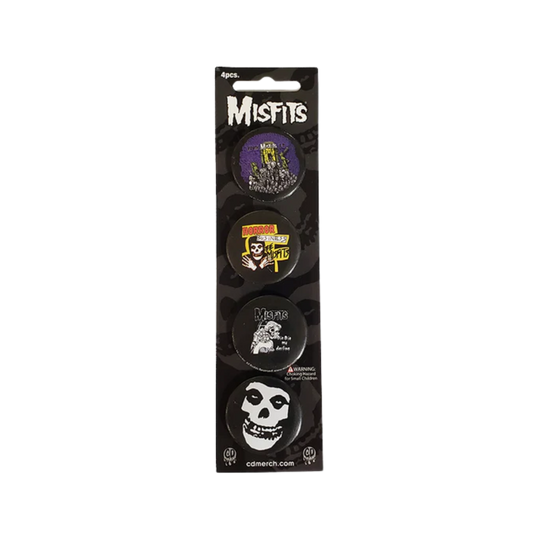 Pack of Misfits buttons with skull design on a white background