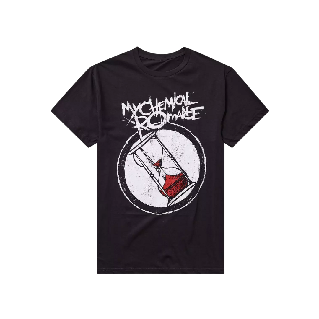 Black t-shirt with 'My Chemical Romance' graphic design on a white background