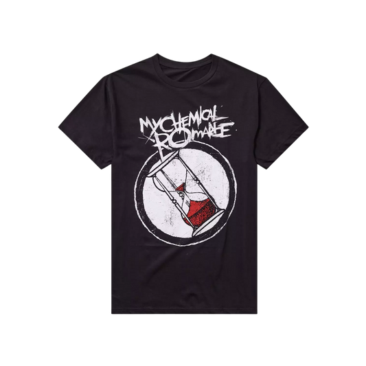 Black t-shirt with 'My Chemical Romance' graphic design on a white background