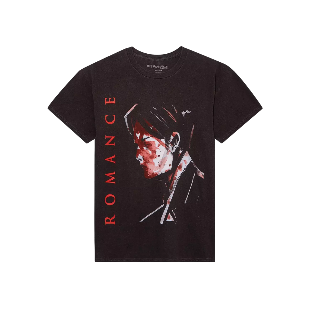 Black t-shirt with graphic design and 'ROMANCE' text on a white background