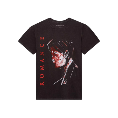 Black t-shirt with graphic design and 'ROMANCE' text on a white background