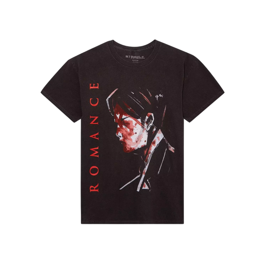 Black t-shirt with graphic design and 'ROMANCE' text on a white background