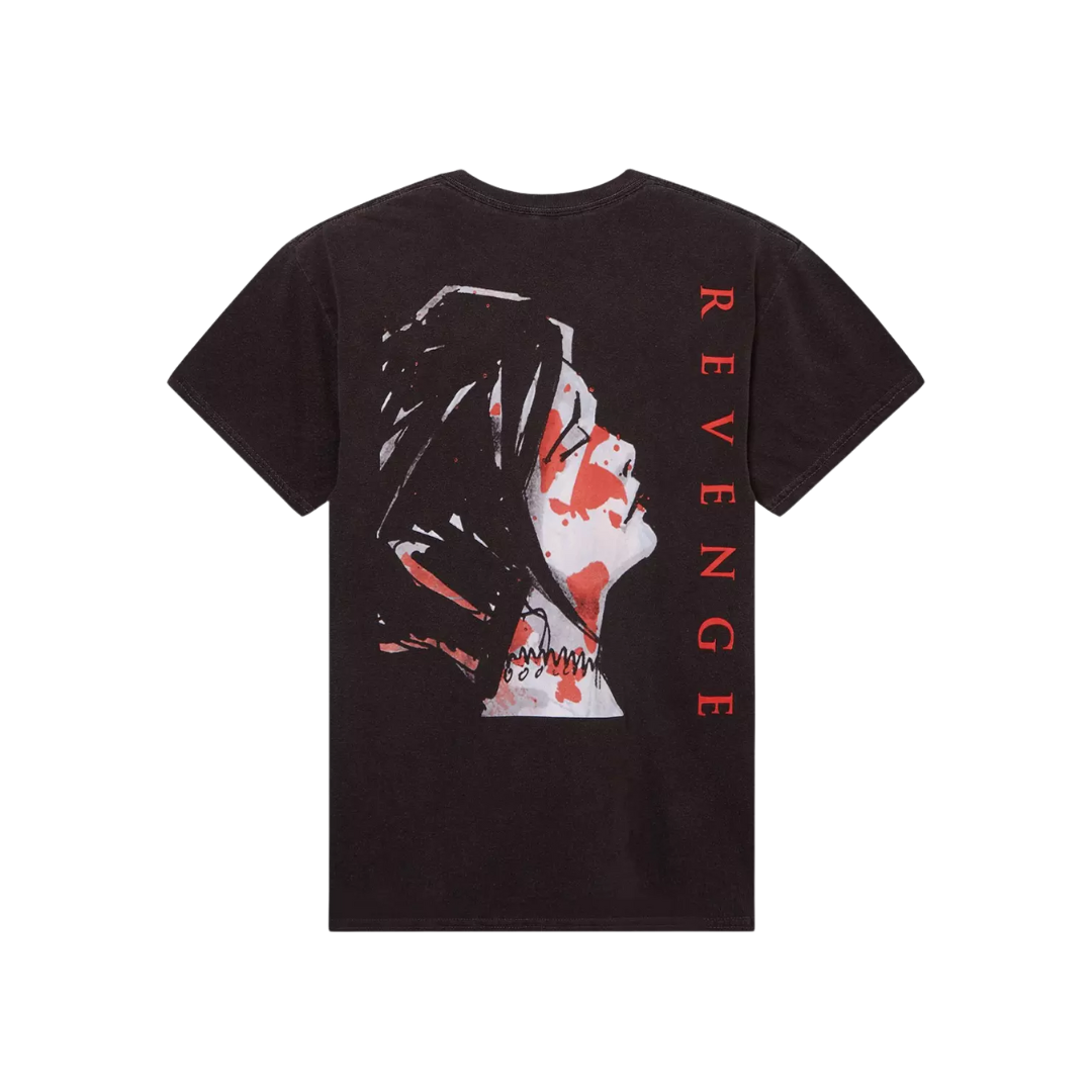 Black t-shirt with graphic design and 'REVENGE' text on a white background
