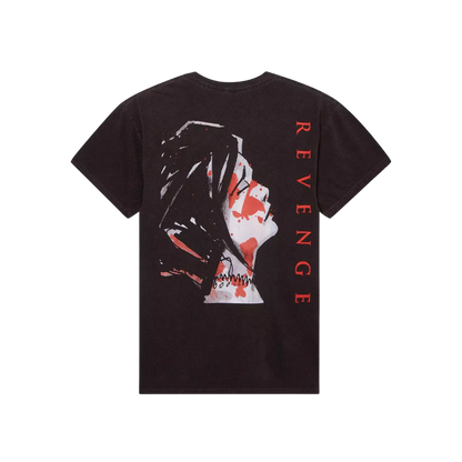 Black t-shirt with graphic design and 'REVENGE' text on a white background