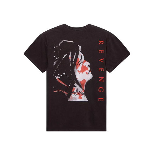 Black t-shirt with graphic design and 'REVENGE' text on a white background
