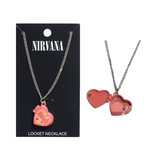 Nirvana heart-shaped locket necklace on a black card with product name.