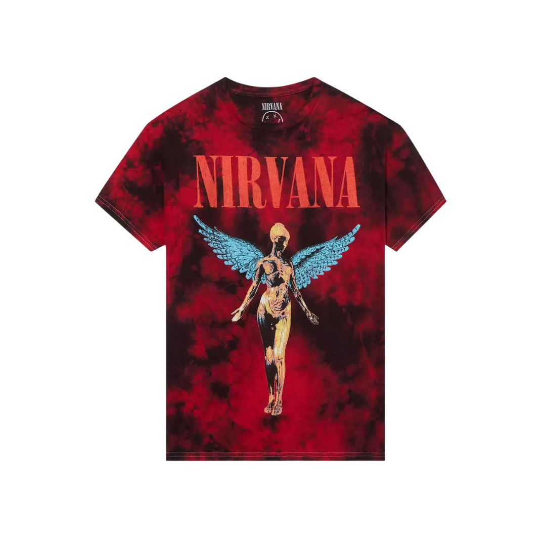 Red tie-dye t-shirt with Nirvana logo and angelic skeleton design on a white background