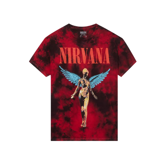 Red tie-dye t-shirt with Nirvana logo and angelic skeleton design on a white background