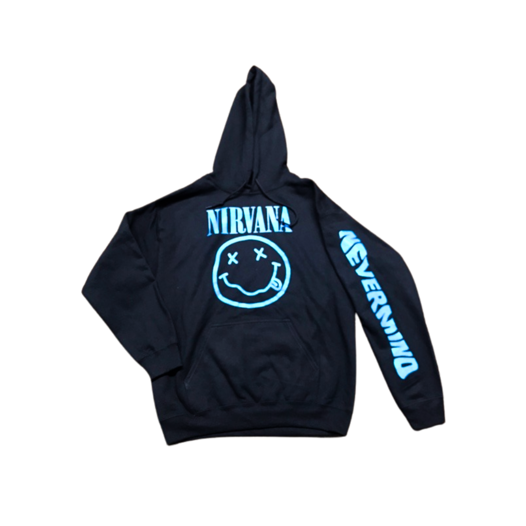 Nirvana - Nevermind Blue Smile Black Hoodie. Nevermind written on left arm.