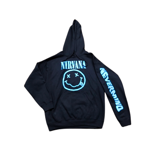 Nirvana - Nevermind Blue Smile Black Hoodie. Nevermind written on left arm.