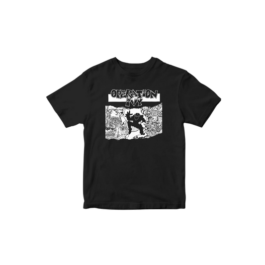 Black t-shirt with graphic design and text on a white background