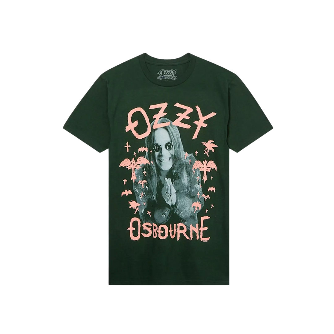 Green t-shirt with Ozzy Osbourne graphic design on a white background