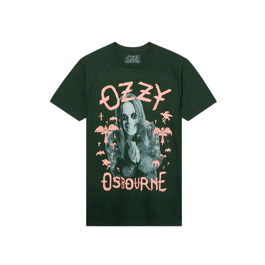 Green t-shirt with Ozzy Osbourne graphic design on a white background
