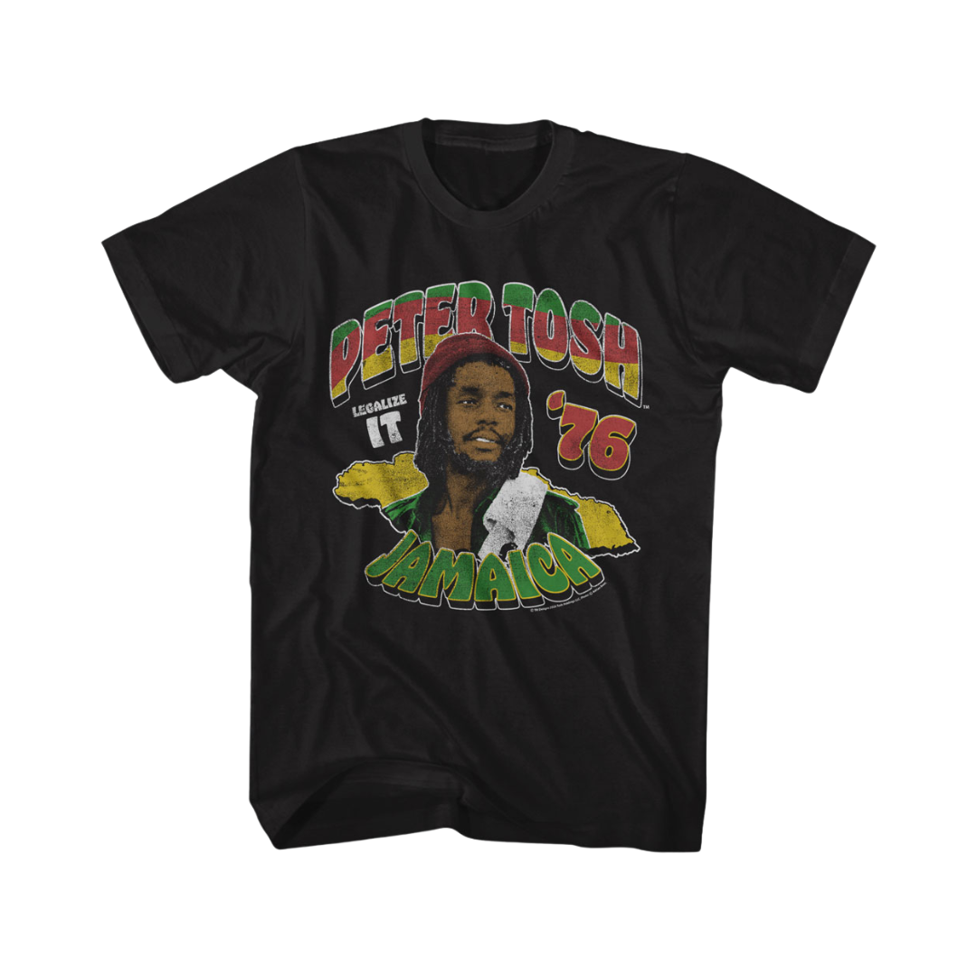 Black t-shirt with a graphic of a person and text 'Peter Tosh '76 Jamaica' on a white background