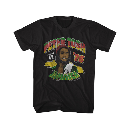 Black t-shirt with a graphic of a person and text 'Peter Tosh '76 Jamaica' on a white background