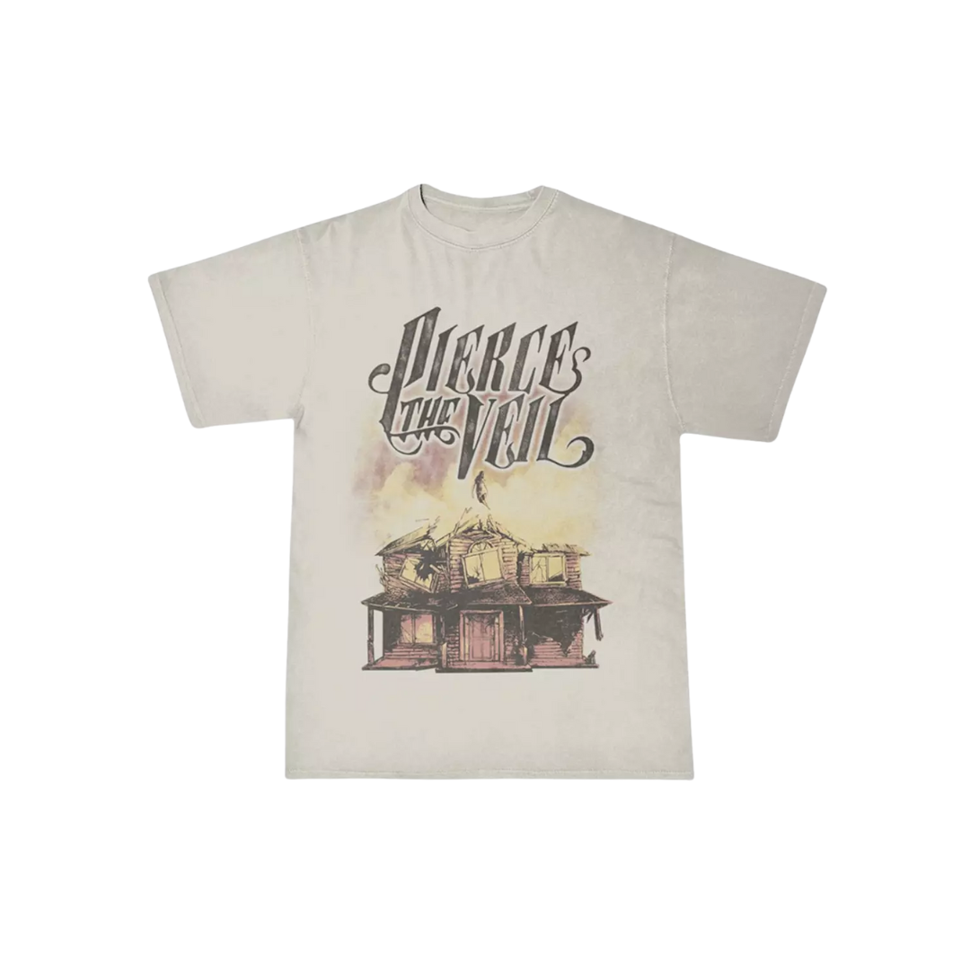 Beige t-shirt with ' Pierce the Veil' graphic design on a white background
