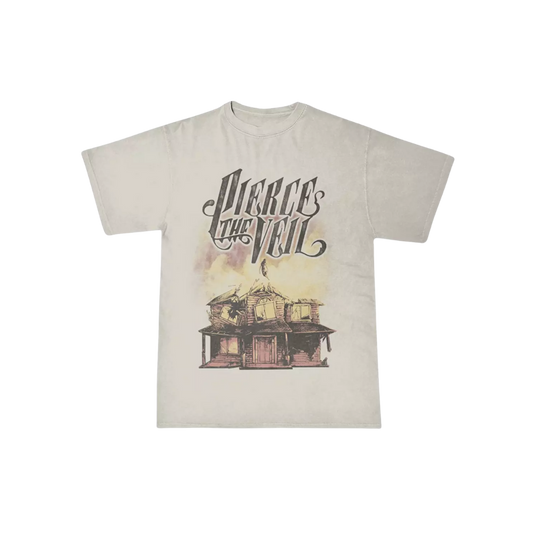 Beige t-shirt with ' Pierce the Veil' graphic design on a white background