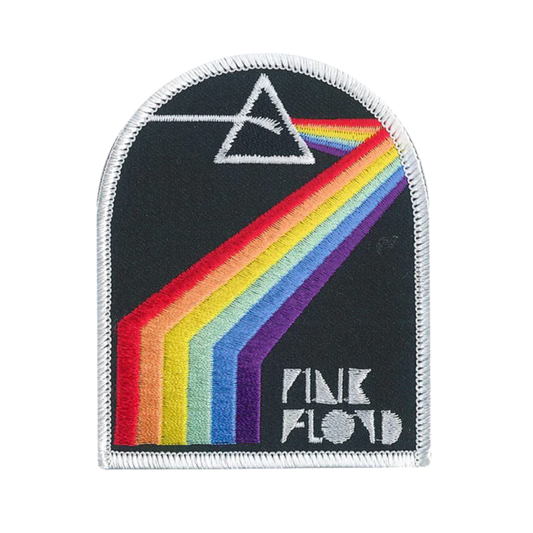 Pink Floyd patch with rainbow and triangle logo on a black background