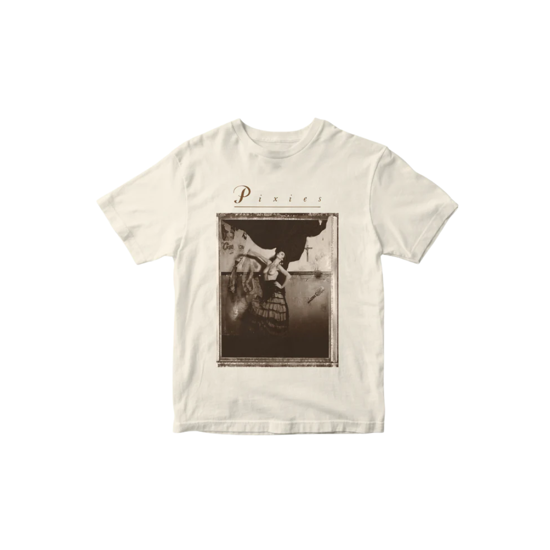 White t-shirt with a graphic design on a white background