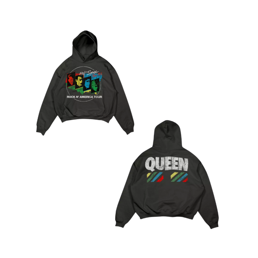 Black hoodie with 'Queen' logo and text