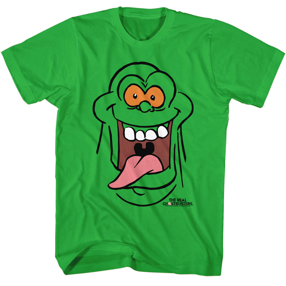Green t-shirt with a cartoon ghost design on a white background